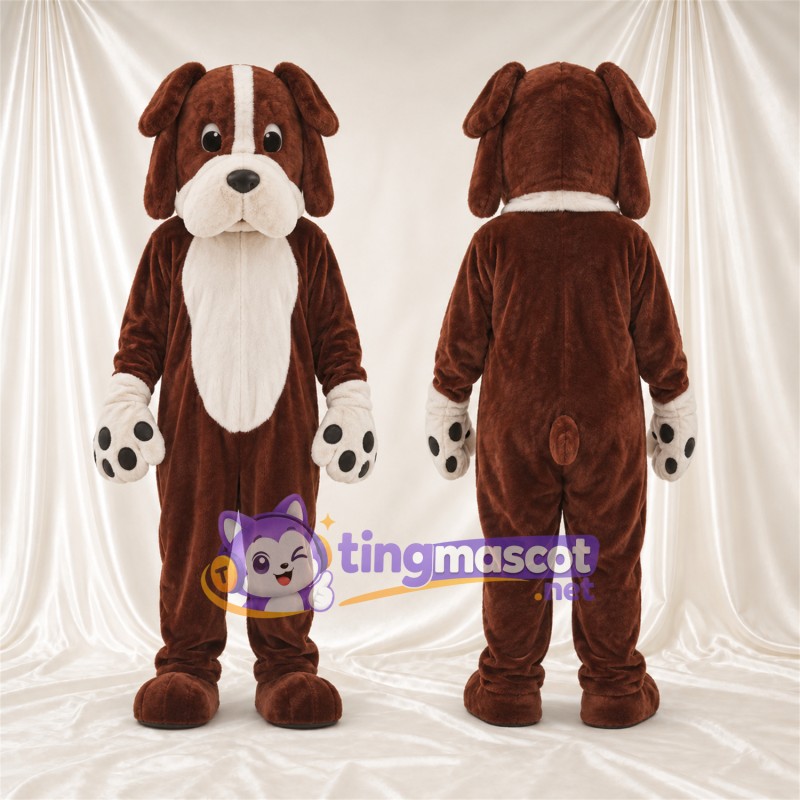 Costume de mascotte Chien – marron / blanc – Coussinets (noir); Liste sur le visage (blanc)