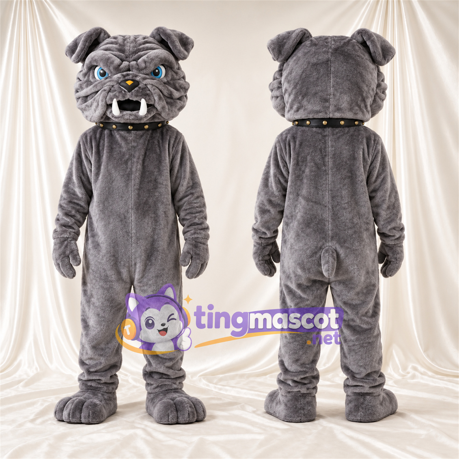 Costume de mascotte Bouledogue – gris – Grandes incisives; Col Costume de mascotte Bouledogue – gris – Grandes incisives; Col