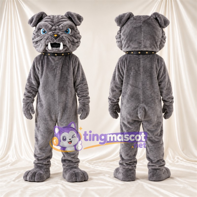Costume de mascotte Bouledogue – gris – Grandes incisives; Col