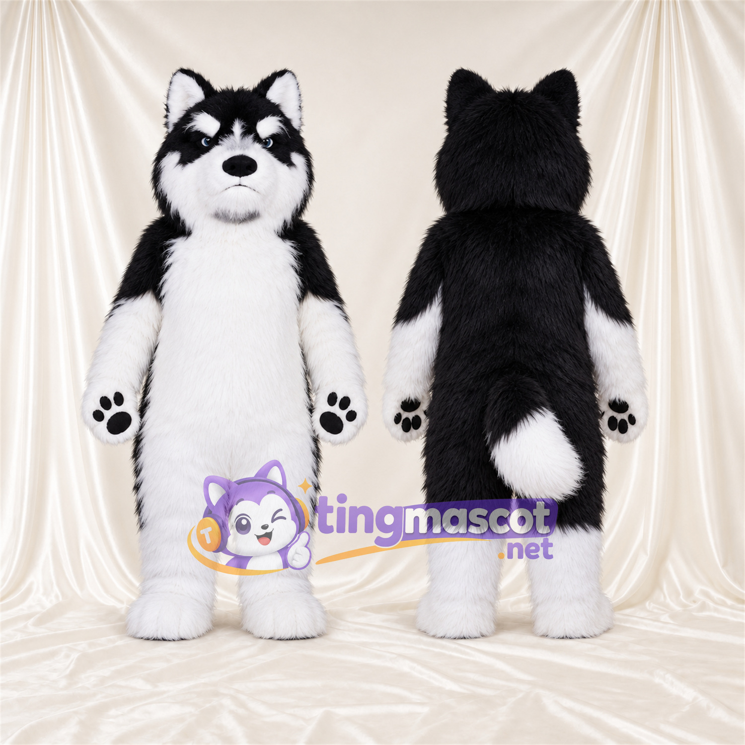 Black and White Husky Mascot Costume - Black Paw Pads and White Lower Legs Black and White Husky Mascot Costume - Black Paw Pads and White Lower Legs