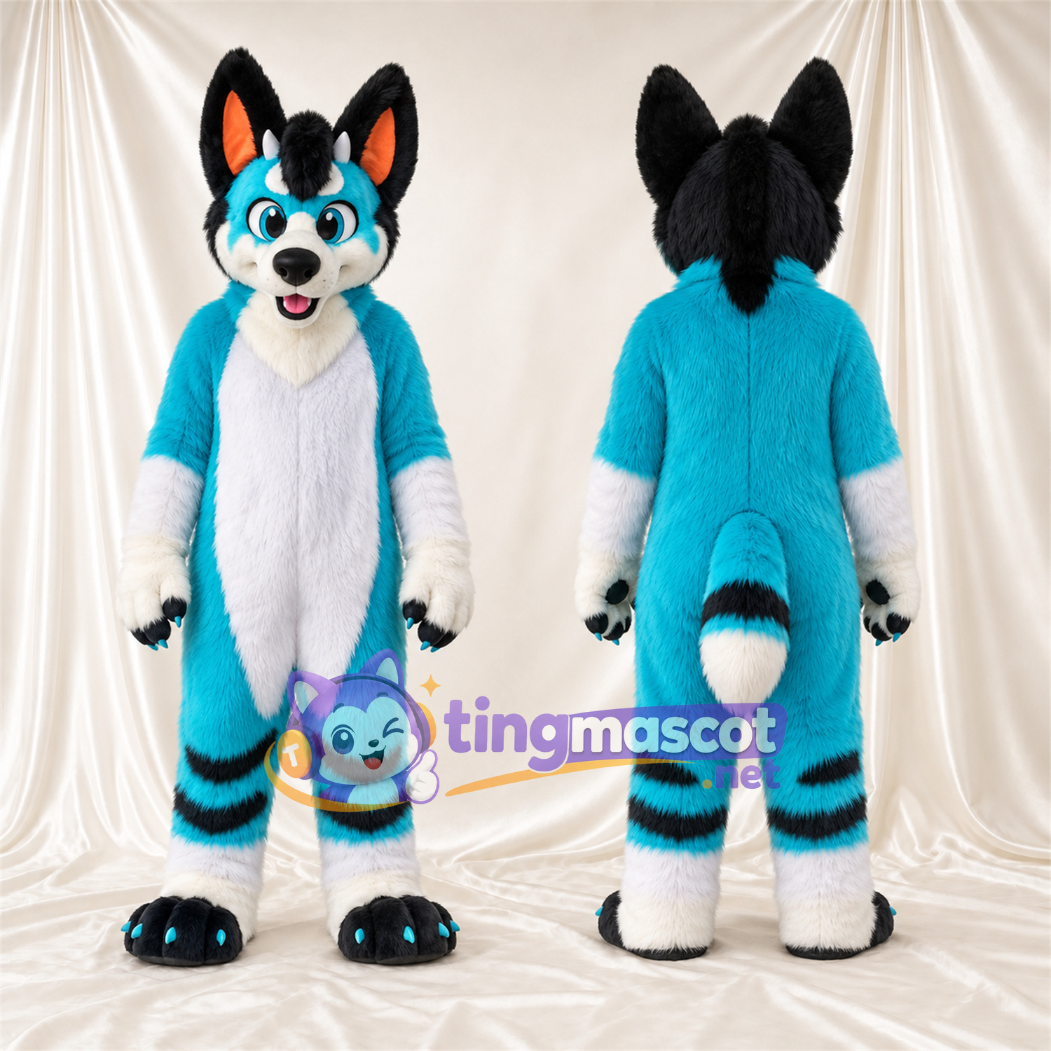 Costume de mascotte Husky – bleu / blanc – Coussinets (bleu); Jambes Costume de mascotte Husky – bleu / blanc – Coussinets (bleu); Jambes