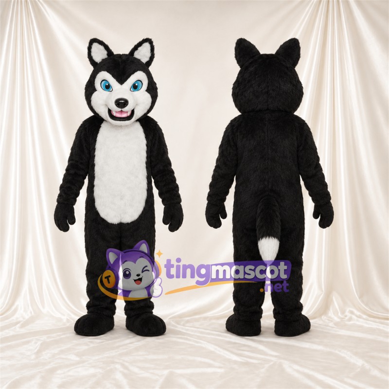 Costume de mascotte Husky – noir / blanc – Bout de la queue (blanc); Yeux (bleu)