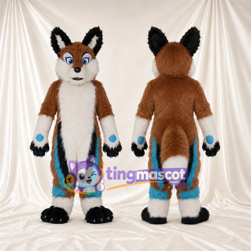 Brown and White Fox Mascot Costume - Blue Accents, White Tail Tip and Blue Paw Pads