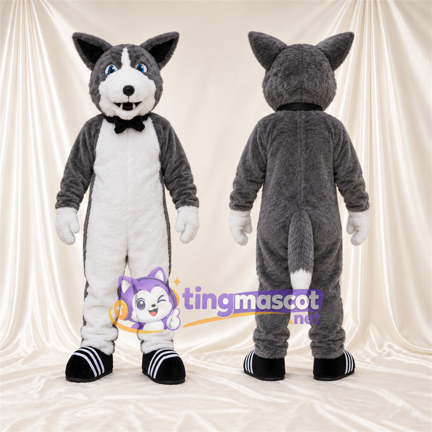 Costume de mascotte Husky – gris / blanc – Baskets (noir / blanc); Nœud papillon Costume de mascotte Husky – gris / blanc – Baskets (noir / blanc); Nœud papillon