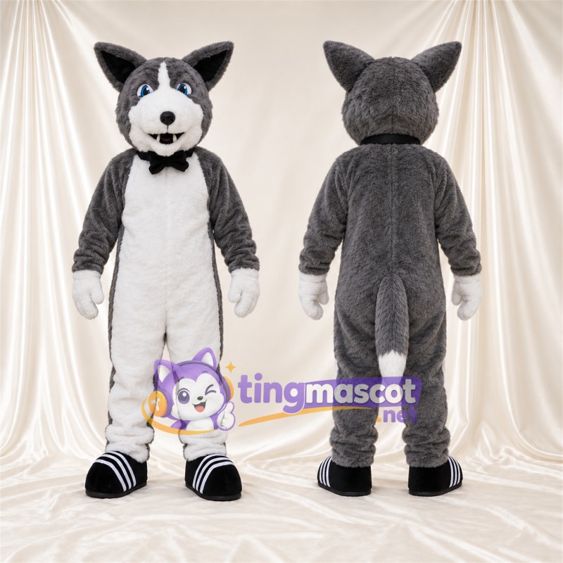 Costume de mascotte Husky – gris / blanc – Baskets (noir / blanc); Nœud papillon