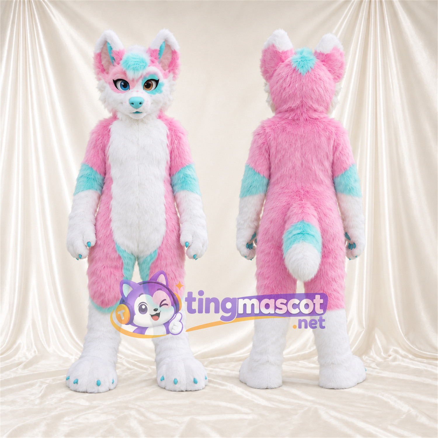 Costume de mascotte Chien – rose / blanc – Touches de couleur (turquoise); Nez (bleu) Costume de mascotte Chien – rose / blanc – Touches de couleur (turquoise); Nez (bleu)
