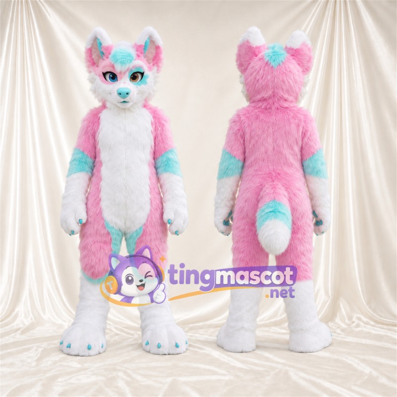 Costume de mascotte Chien – rose / blanc – Touches de couleur (turquoise); Nez (bleu)