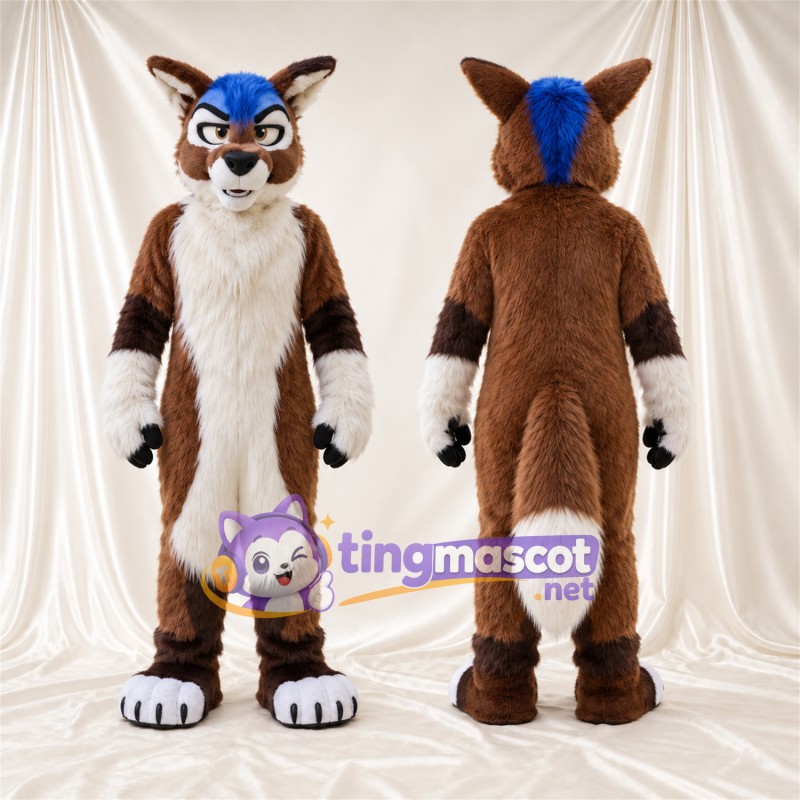 Brown and White Fox Mascot Costume - Blue Accents, White Feet and Blue Head Tuft