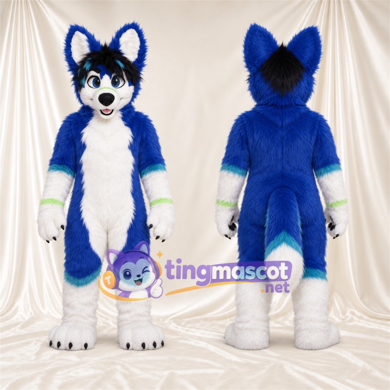 Maskottchenkostüm Husky – blau / weiß – Bauch (weiß); Hand- und Fußgelenkbänder (grün)