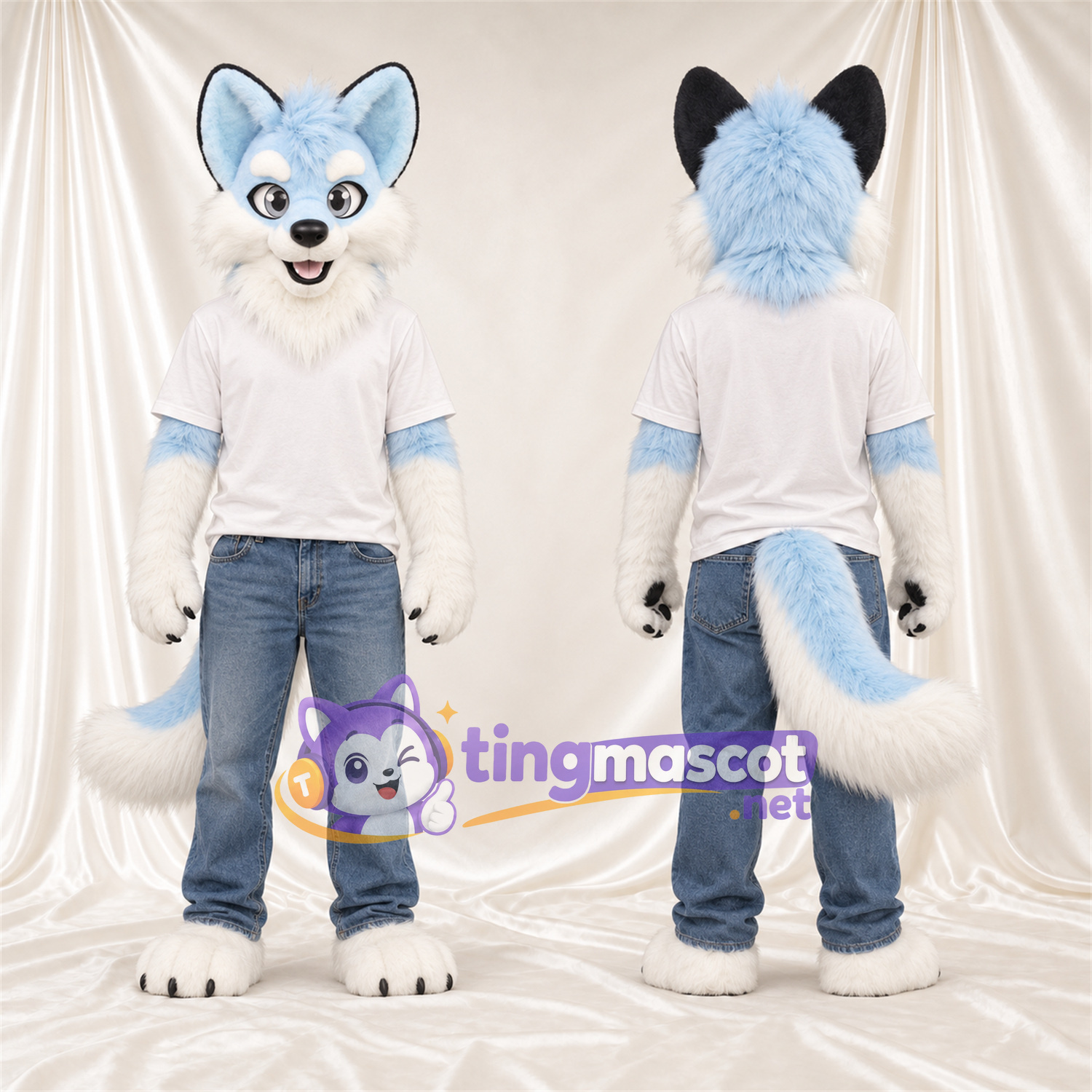 Costume de mascotte Husky – bleu / blanc – Chemise (blanc) Costume de mascotte Husky – bleu / blanc – Chemise (blanc)