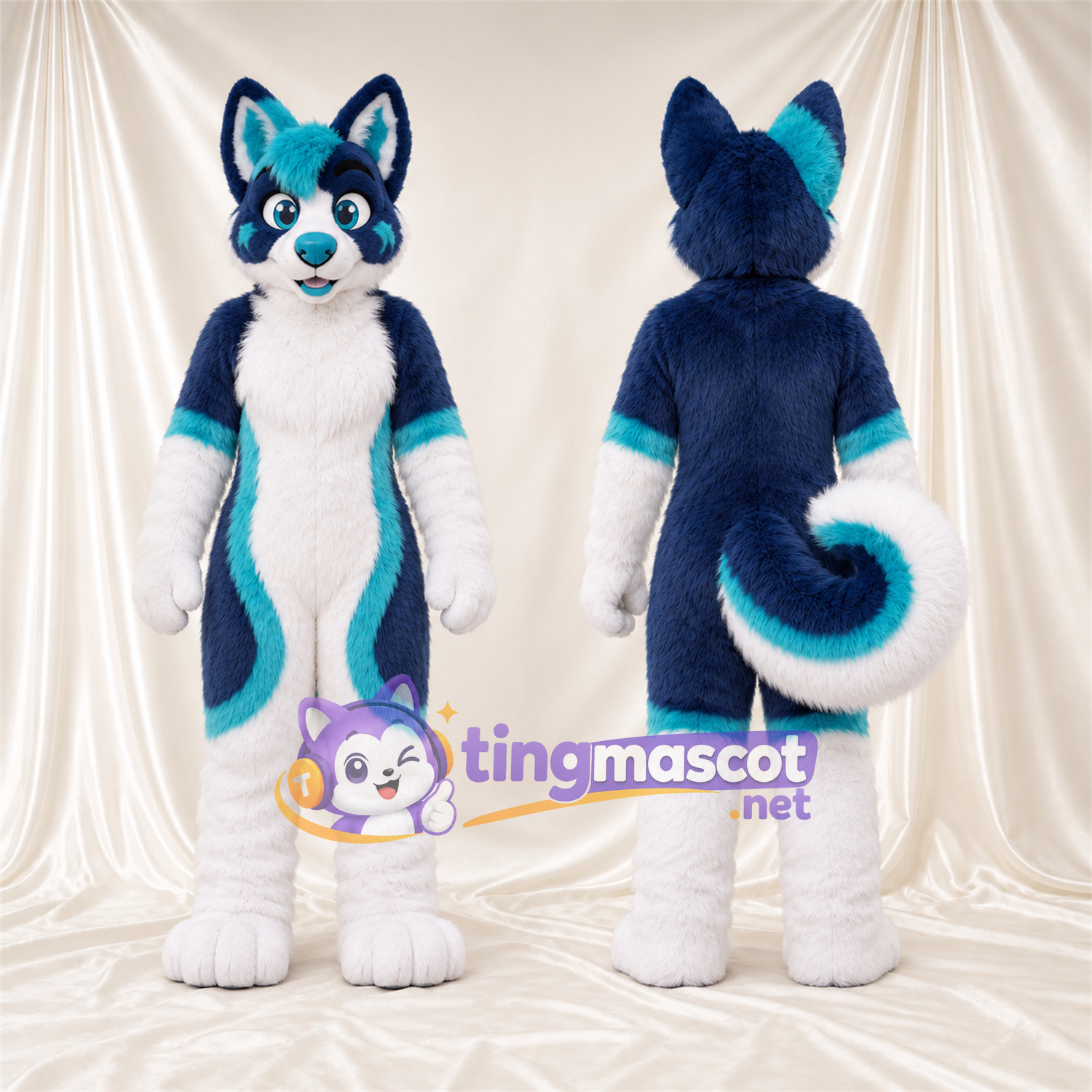 Maskottchenkostüm Husky – blau / weiß – Ringelschwanz; Unterschenkel (weiß) Maskottchenkostüm Husky – blau / weiß – Ringelschwanz; Unterschenkel (weiß)