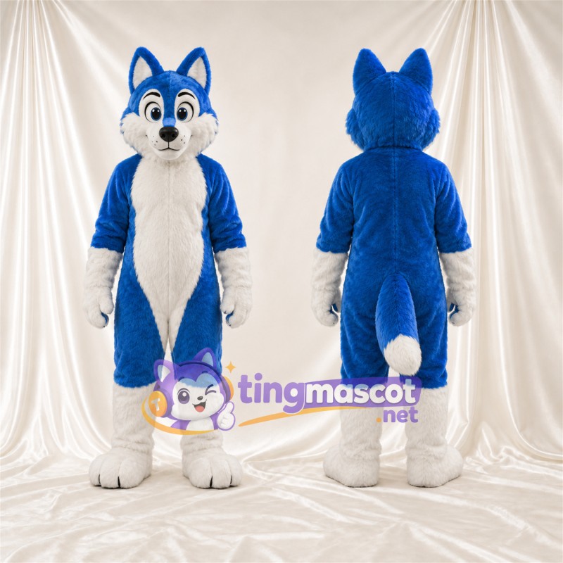 Maskottchenkostüm Husky – blau / weiß – Bauch (weiß); Augen (blau)