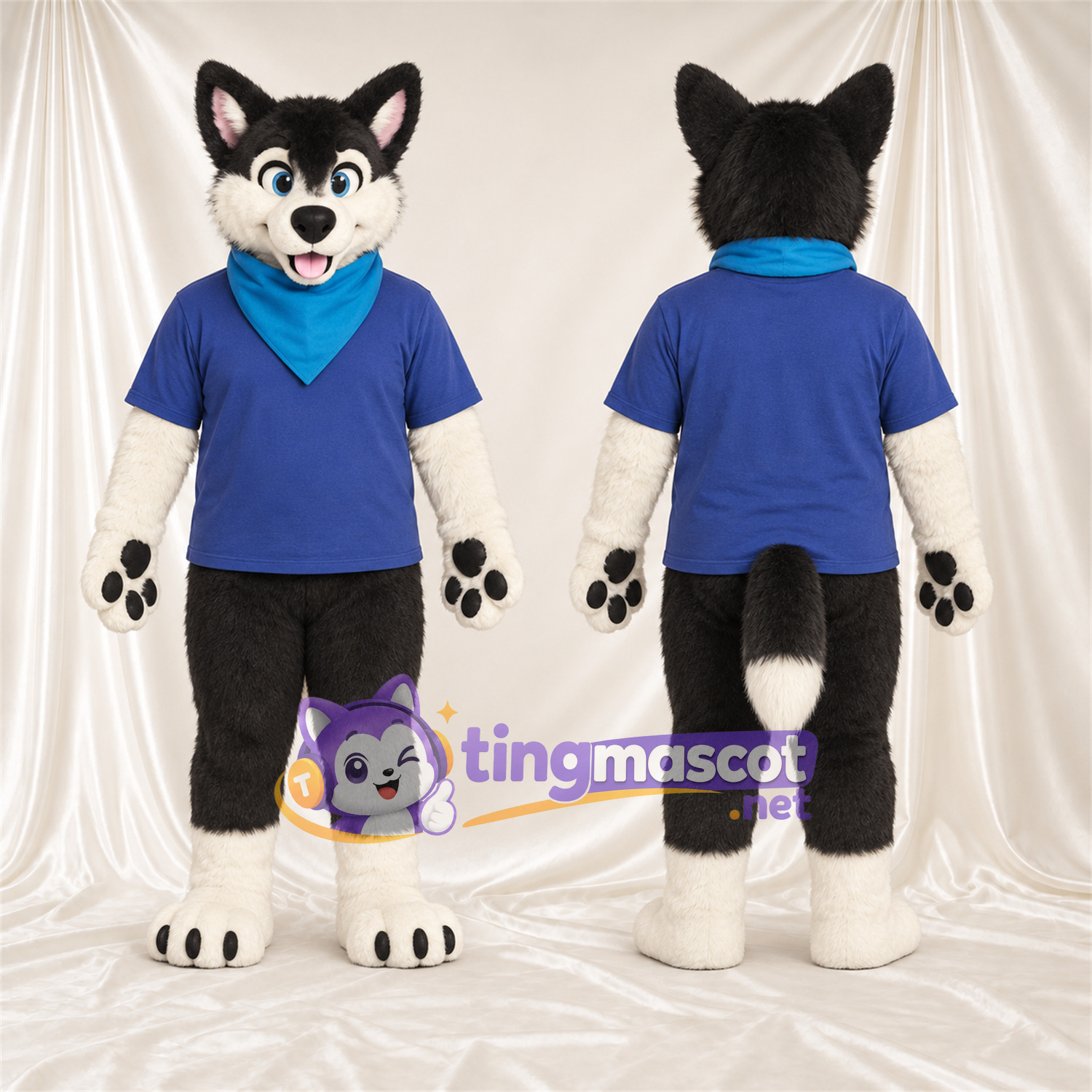 Black and White Husky Mascot Costume - Blue Shirt and Bandana Black and White Husky Mascot Costume - Blue Shirt and Bandana