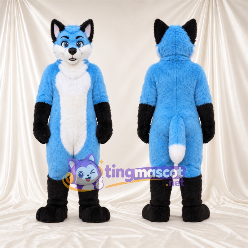 Maskottchenkostüm Husky – blau / weiß – Bauch (weiß); Handschuhe (schwarz)