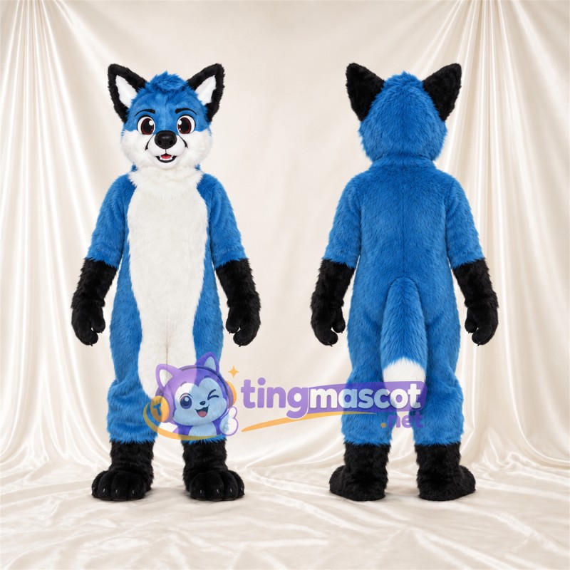 Maskottchenkostüm Husky – blau / weiß – Bauch (weiß); Handschuhe (schwarz)
