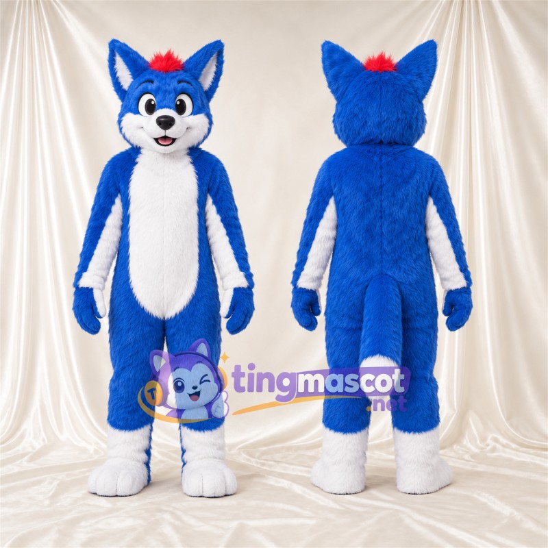 Maskottchenkostüm Husky – blau / weiß – Bauch (weiß); Haarschopf (rot)