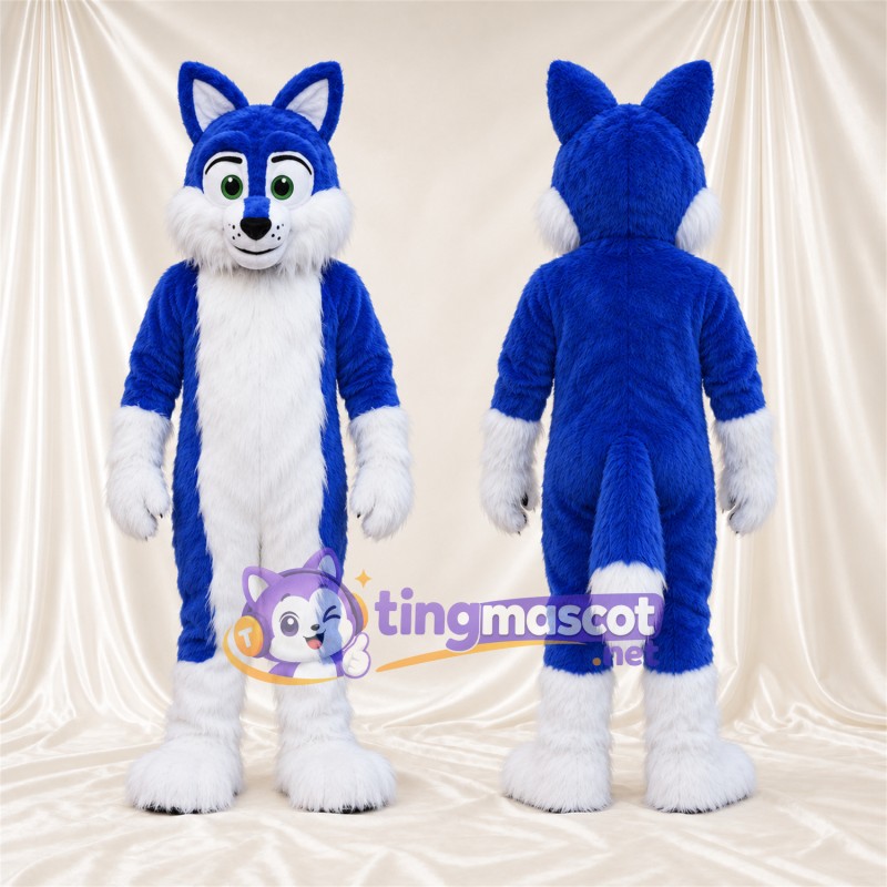 Maskottchenkostüm Husky – blau / weiß – Bauch (weiß); Augen (grün)