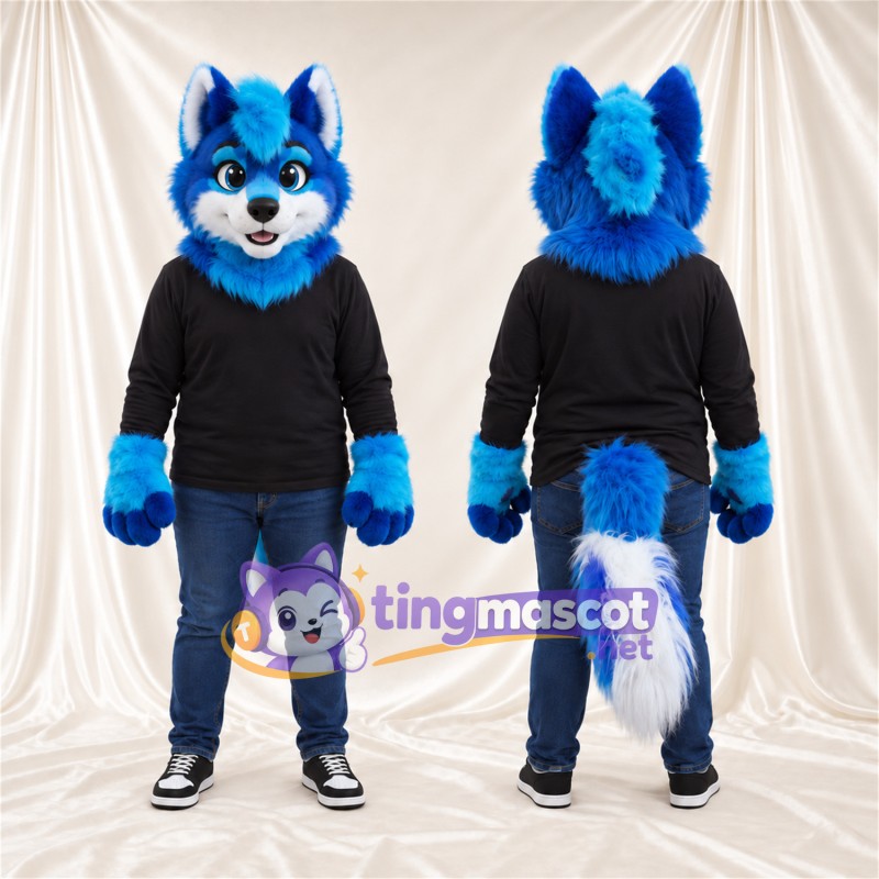 Costume de mascotte Husky – bleu / blanc – Chemise (noir); Longue queue