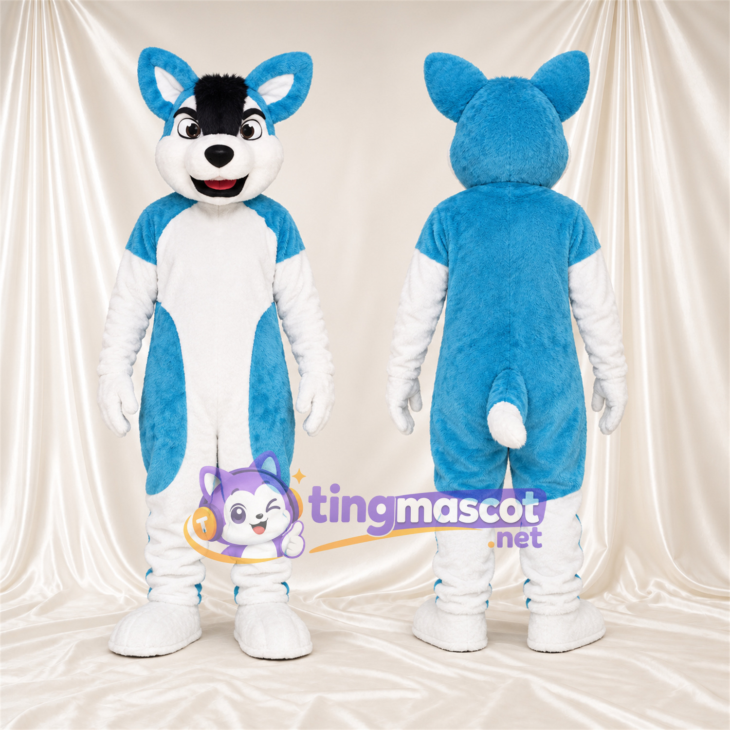 Maskottchenkostüm Husky – blau / weiß – Bauch (weiß); Haarschopf Maskottchenkostüm Husky – blau / weiß – Bauch (weiß); Haarschopf