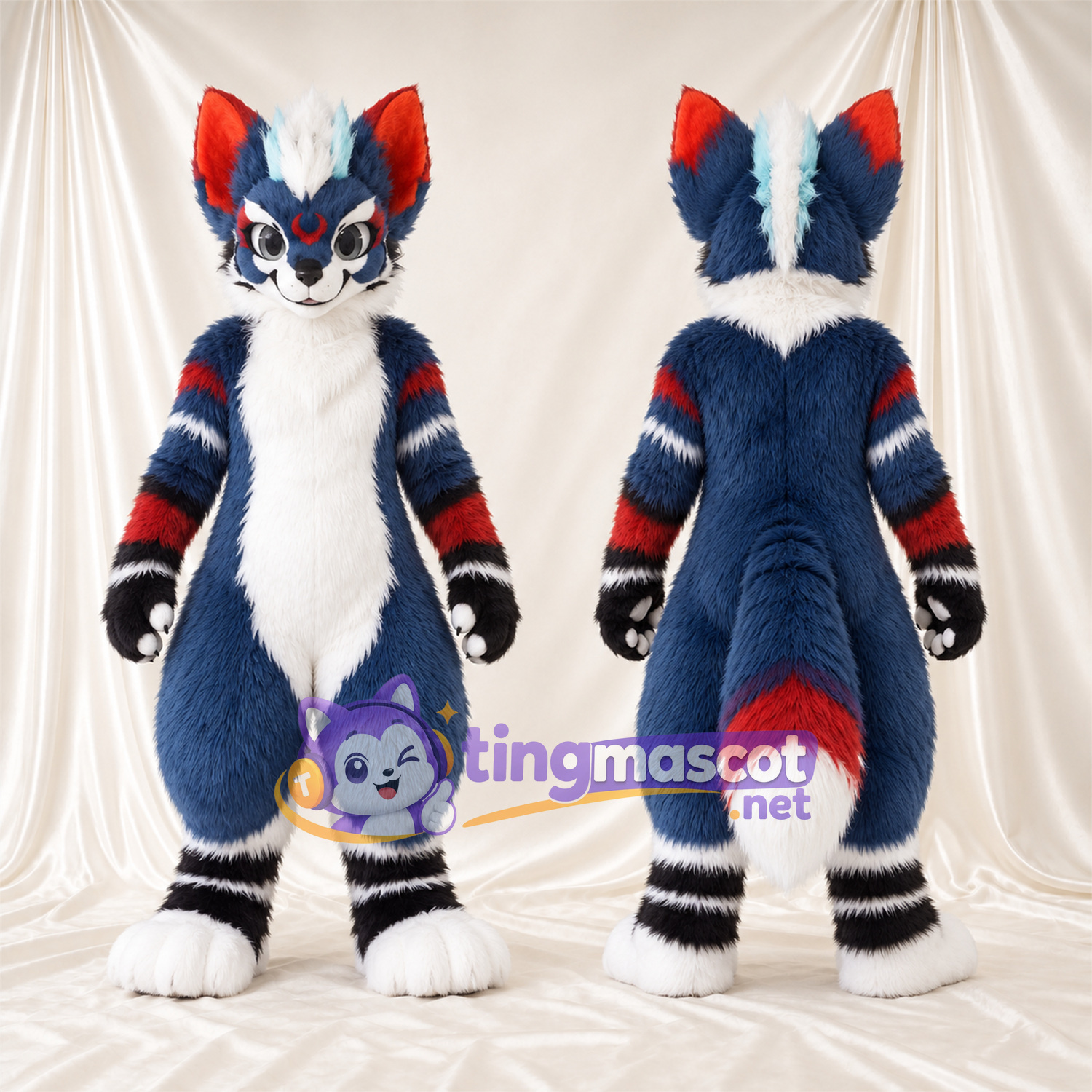 Blue and White Husky Mascot Costume - Red Accents Blue and White Husky Mascot Costume - Red Accents
