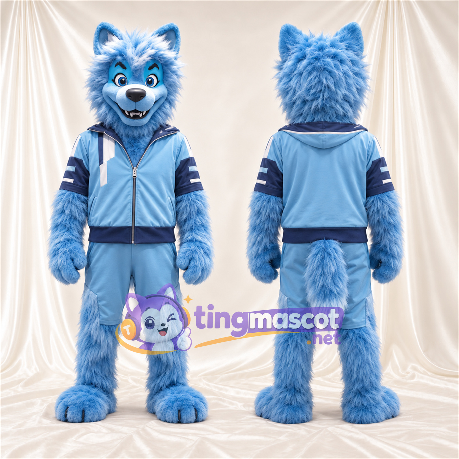 Blue and White Husky Mascot Costume - Blue Jacket Blue and White Husky Mascot Costume - Blue Jacket