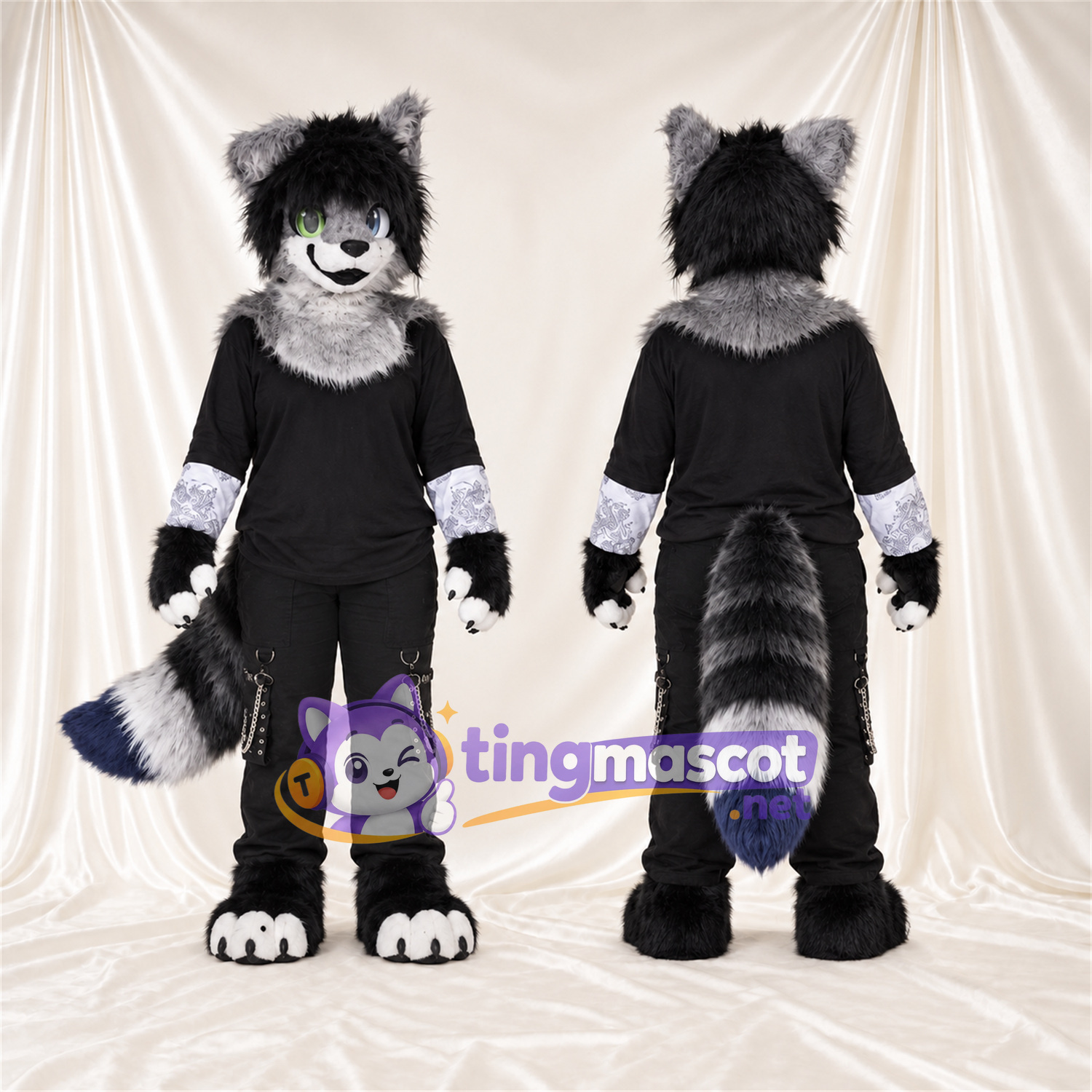 Black and White Raccoon Mascot Costume - Black Outfit Black and White Raccoon Mascot Costume - Black Outfit