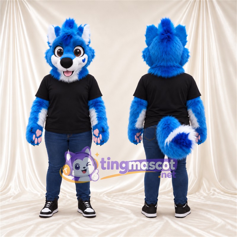 Costume de mascotte Husky – bleu / blanc – Chemise (noir); Queue enroulée