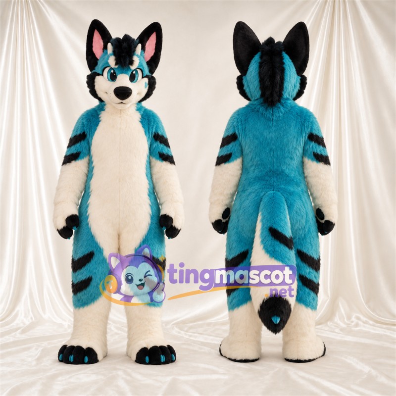 Costume de mascotte Husky – bleu / blanc – Intérieur des oreilles (rose); Jambes