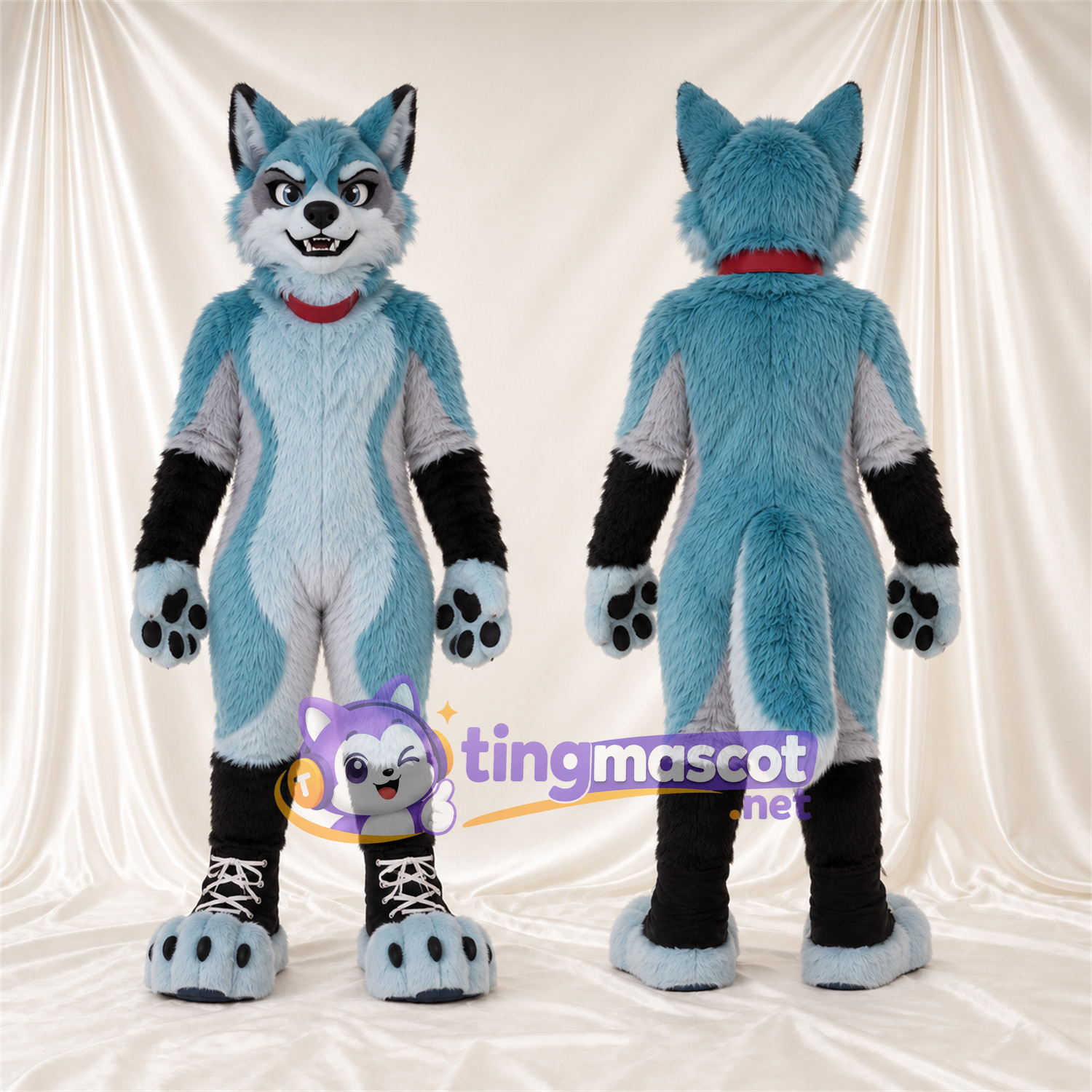 Costume de mascotte Husky – bleu / blanc – Coussinets (bleu); Col (rouge)