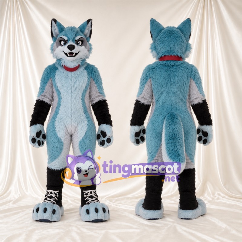 Costume de mascotte Husky – bleu / blanc – Coussinets (bleu); Col (rouge)