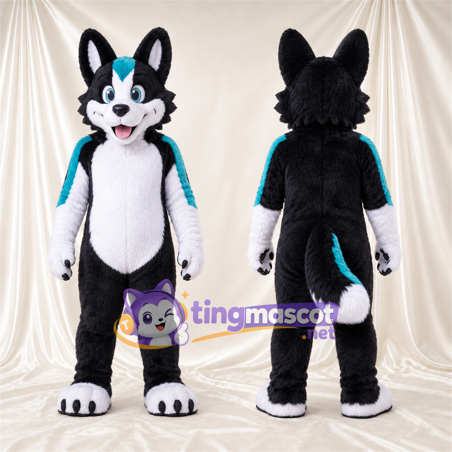 Black and White Husky Mascot Costume - Turquoise Accents Black and White Husky Mascot Costume - Turquoise Accents