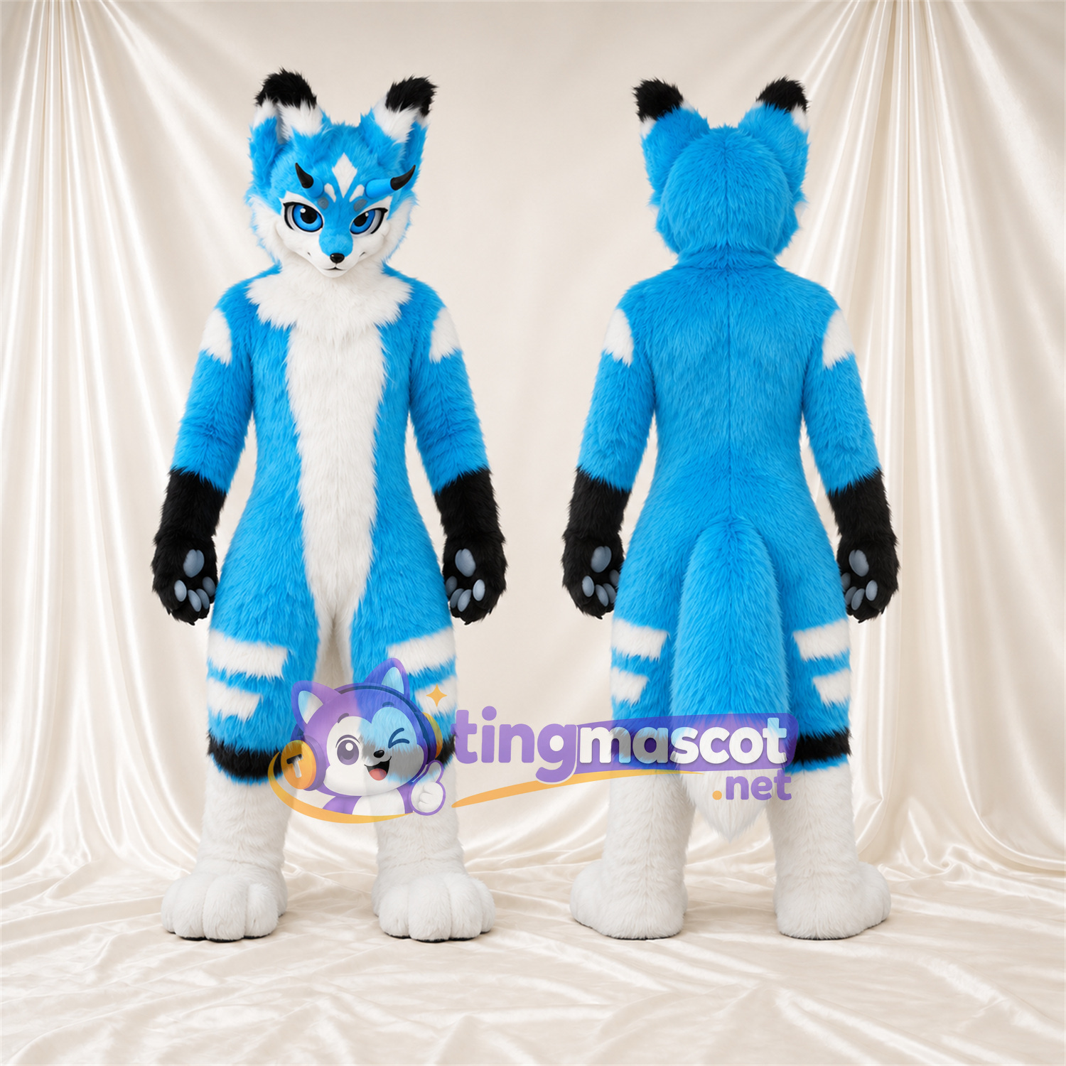 Costume de mascotte Husky – bleu / blanc – Coussinets (noir); Jambes