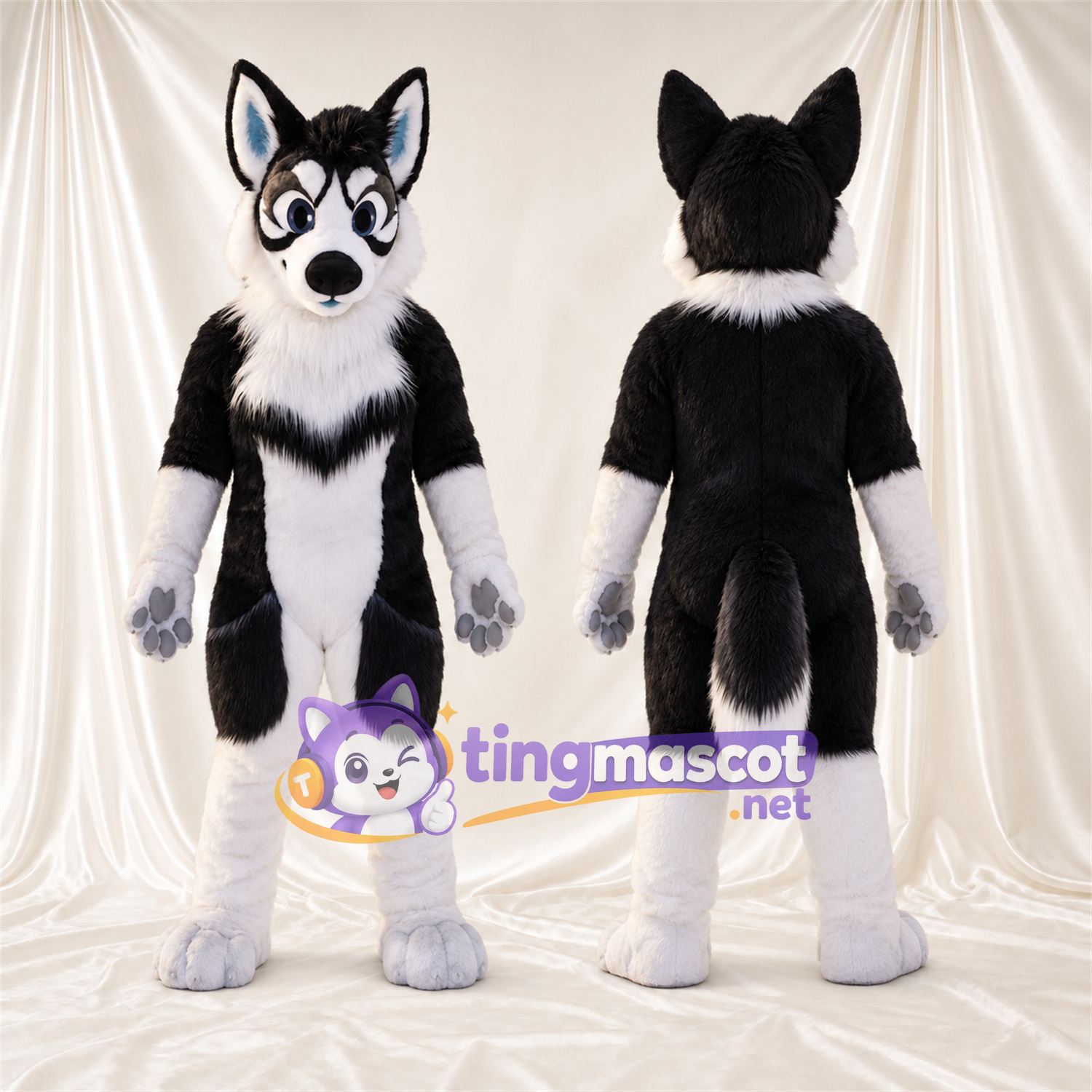 Black and White Husky Mascot Costume - Gray Paw Pads and White Lower Legs Black and White Husky Mascot Costume - Gray Paw Pads and White Lower Legs