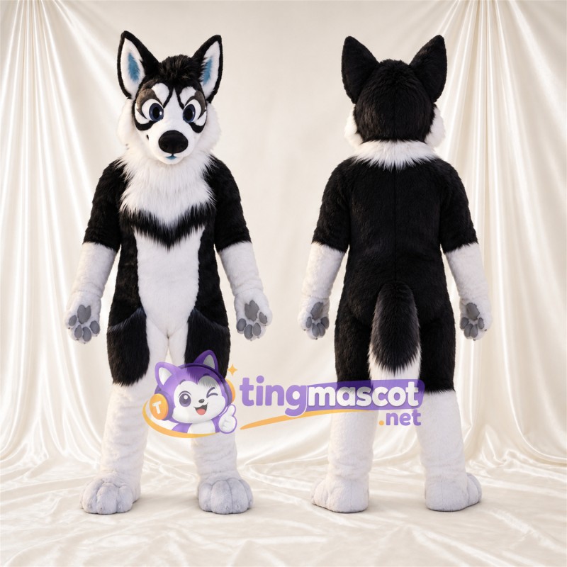 Black and White Husky Mascot Costume - Gray Paw Pads and White Lower Legs