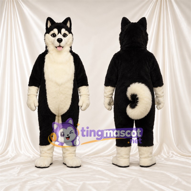 Black and White Husky Mascot Costume - Curled Tail and Cream Feet