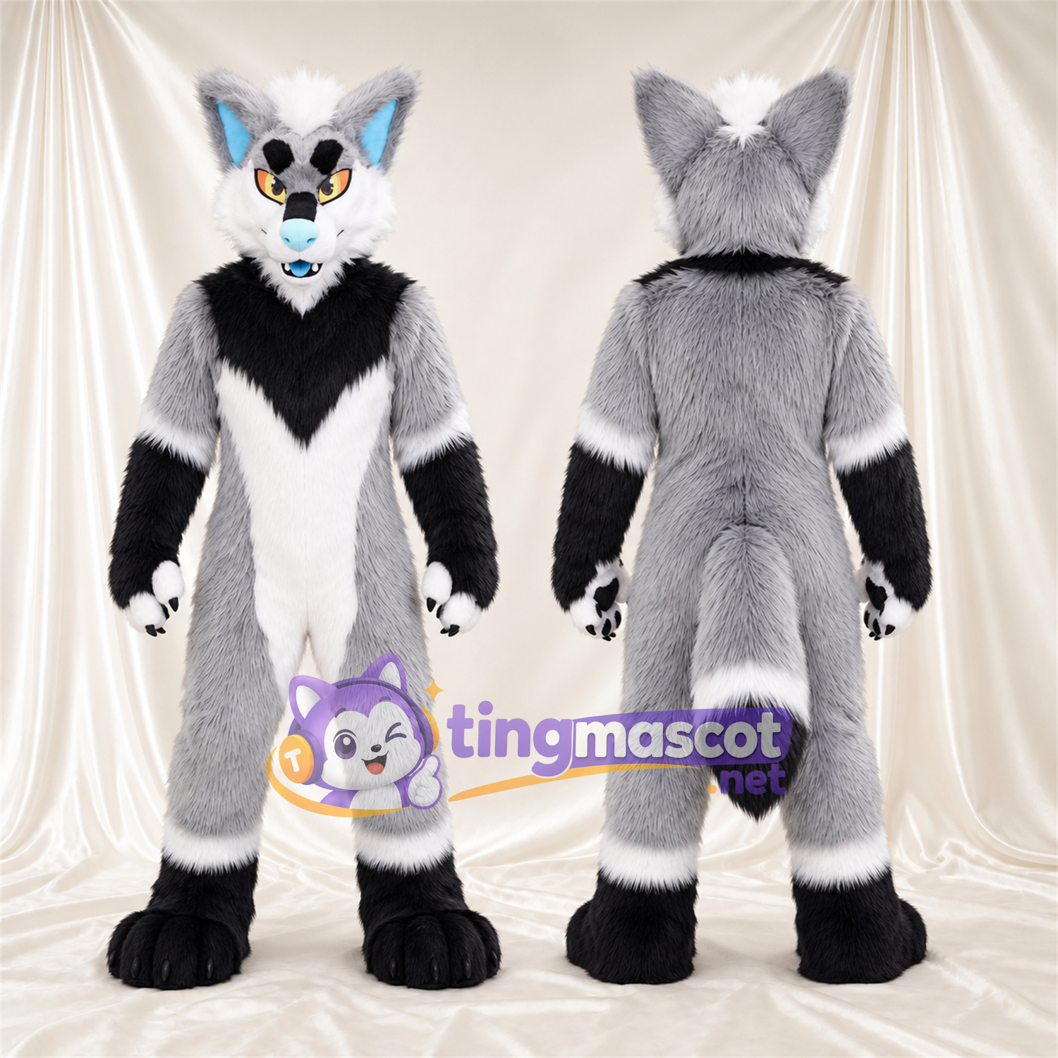 Maskottchenkostüm Fuchs – grau / weiß – Farbakzente (schwarz) Maskottchenkostüm Fuchs – grau / weiß – Farbakzente (schwarz)