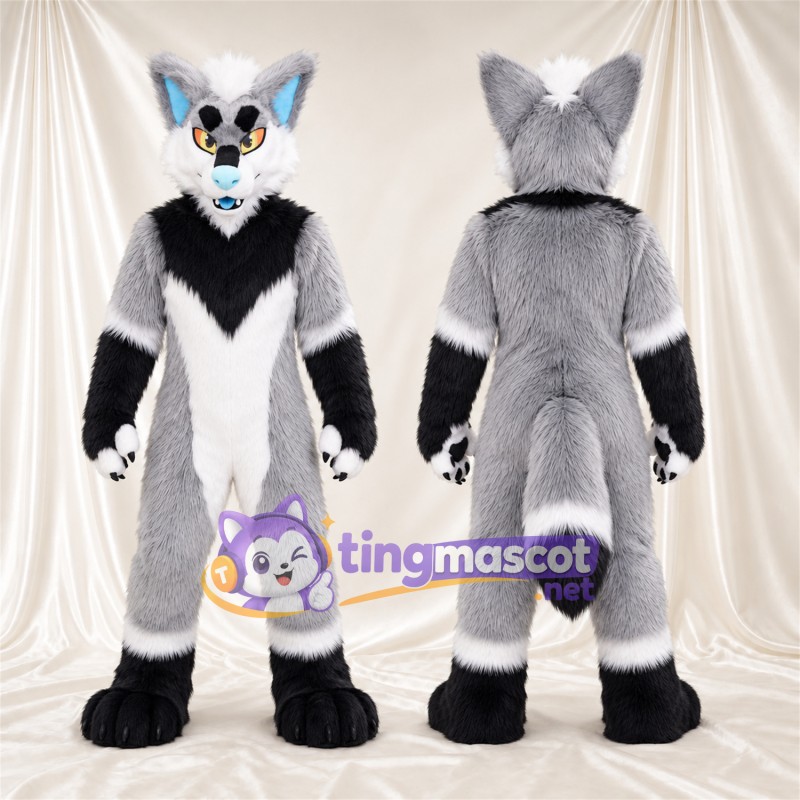 Maskottchenkostüm Fuchs – grau / weiß – Farbakzente (schwarz)