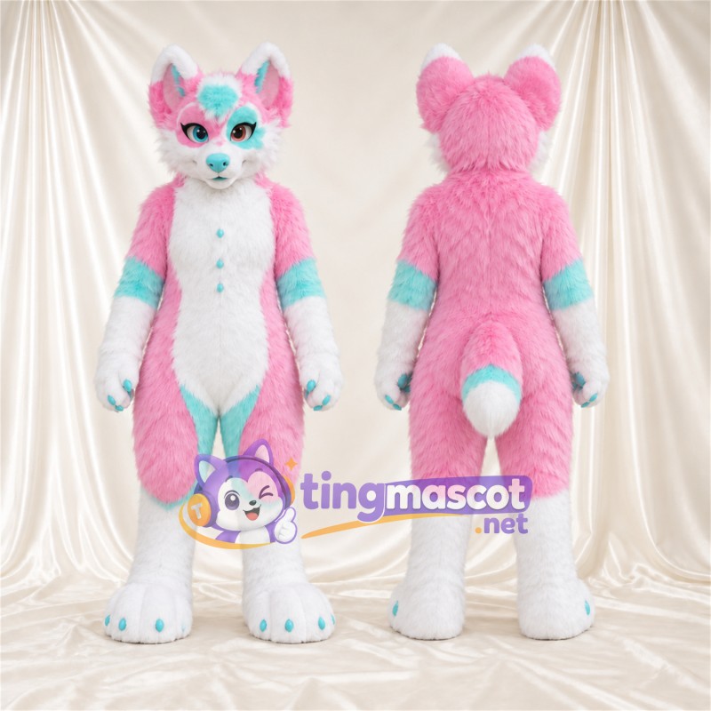 Costume de mascotte Chien – rose / blanc – Touches de couleur (turquoise); Boutons (bleu)
