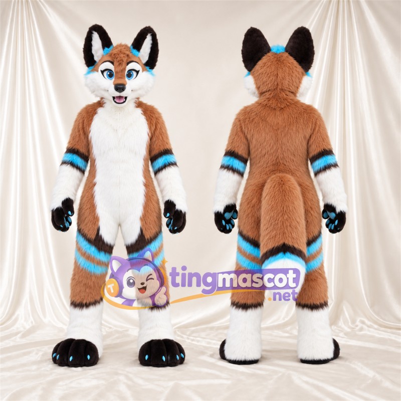 Brown and White Fox Mascot Costume - Blue Accents, Blue Paw Pads and Blue Arm and Leg Bands