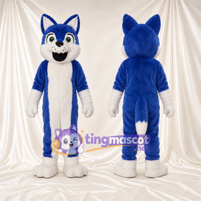 Maskottchenkostüm Husky – blau / weiß – Bauch (weiß); Augen (grün)