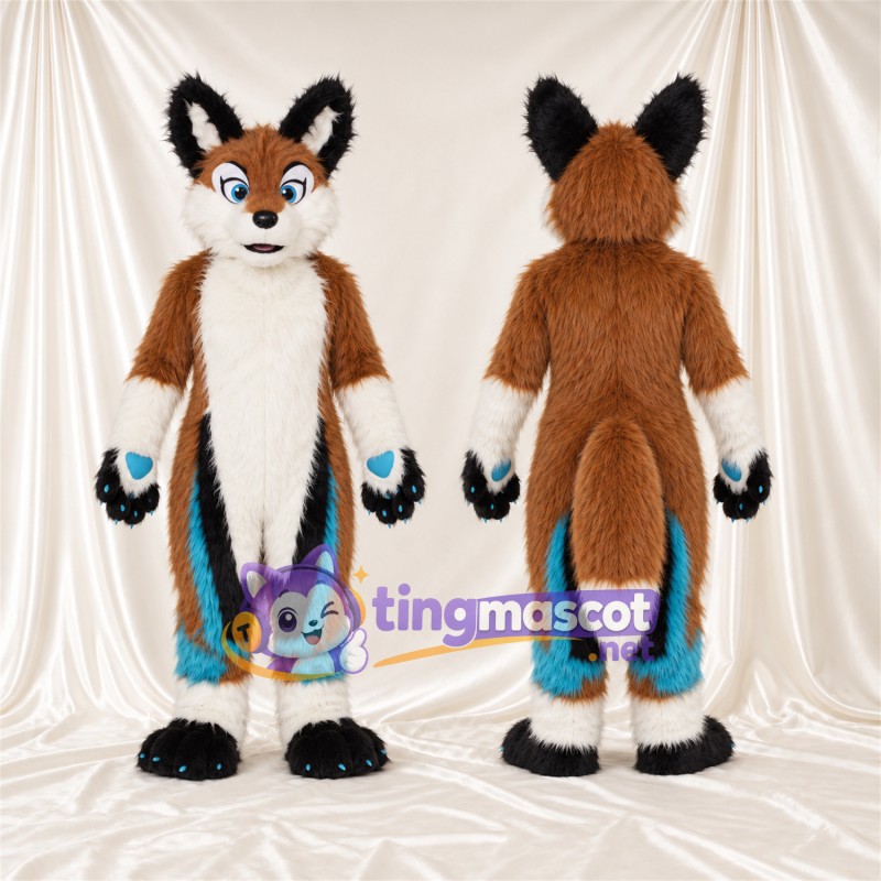 Brown and White Fox Mascot Costume - Blue Accents, White Tail Tip and Blue Paw Pads