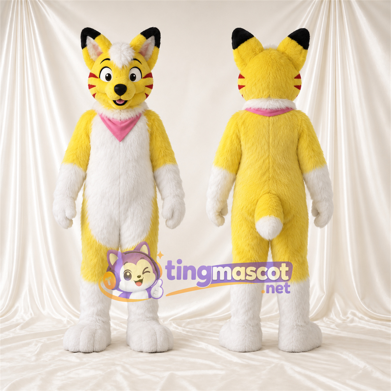 Costume de mascotte Chat – jaune / blanc – Bandana (rose) Costume de mascotte Chat – jaune / blanc – Bandana (rose)