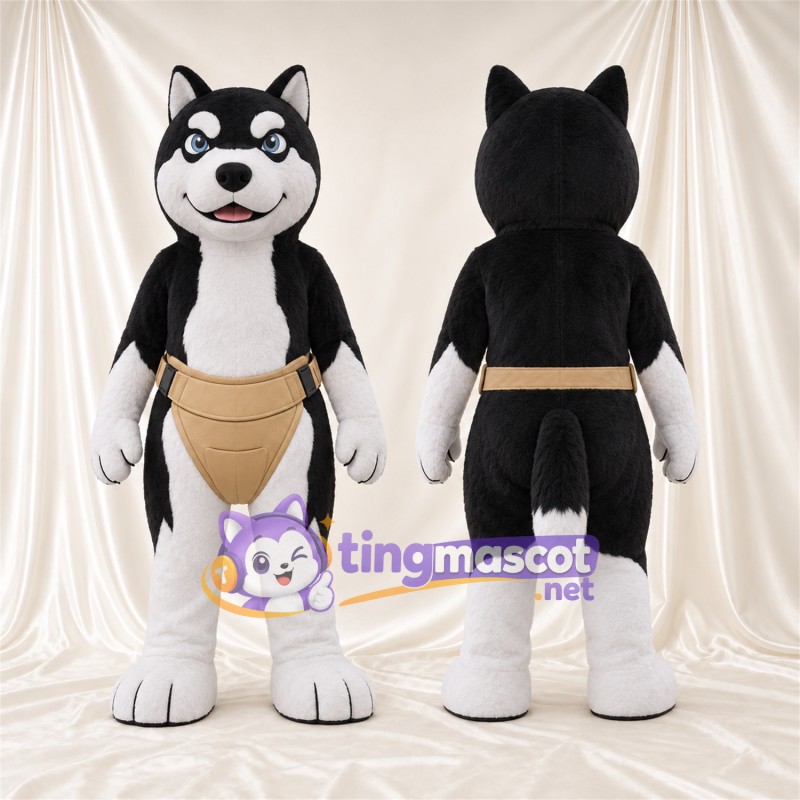 Costume de mascotte Husky – noir / blanc – Poche ventrale