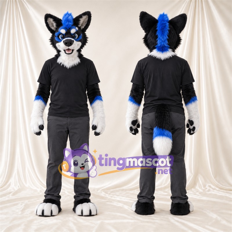 Black and White Husky Mascot Costume - Black Outfit and Blue Accents