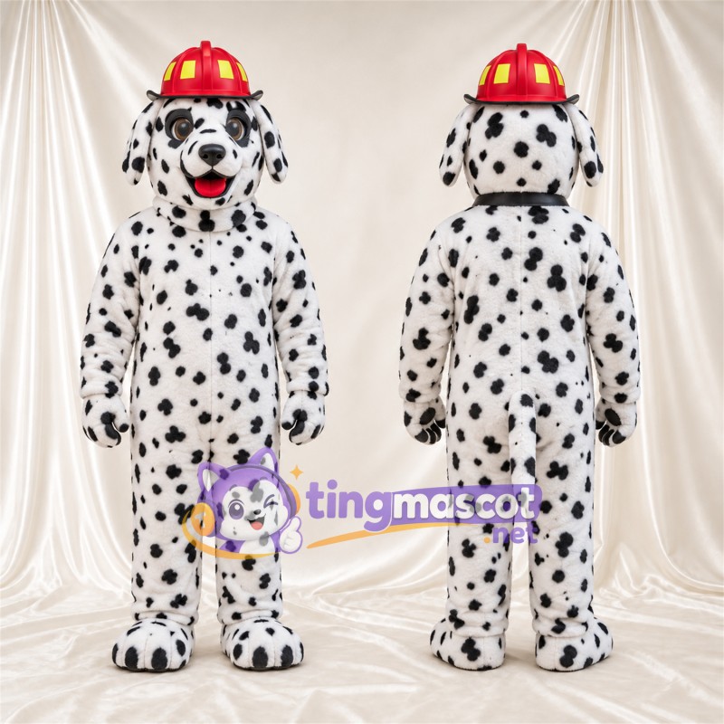 Black and White Dalmatian Mascot Costume - Red Firefighter Helmet, Red Tongue and Dense Small Spots