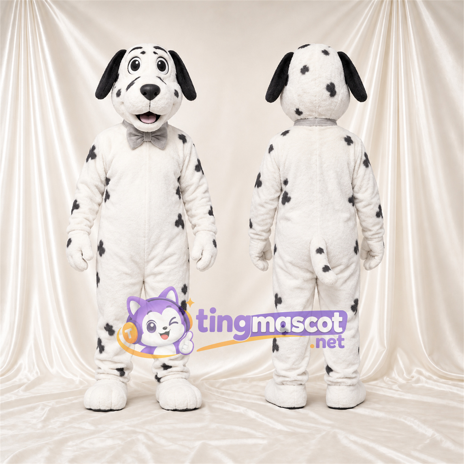 Black and White Dalmatian Mascot Costume - Gray Bow Tie and Sparse Black Spots Black and White Dalmatian Mascot Costume - Gray Bow Tie and Sparse Black Spots