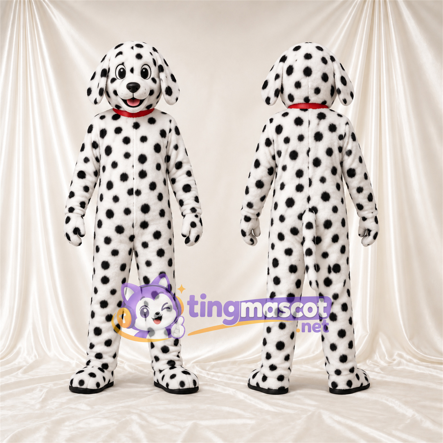 Maskottchenkostüm Dalmatiner – schwarz / weiß – Flecken (schwarz); Kragen (rot) Maskottchenkostüm Dalmatiner – schwarz / weiß – Flecken (schwarz); Kragen (rot)