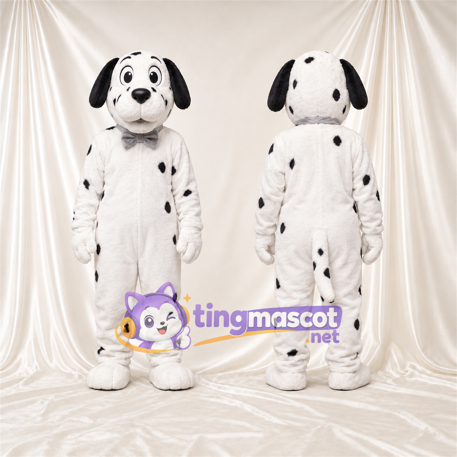 Black and White Dalmatian Mascot Costume - Gray Bow Tie and Sparse Black Spots Black and White Dalmatian Mascot Costume - Gray Bow Tie and Sparse Black Spots