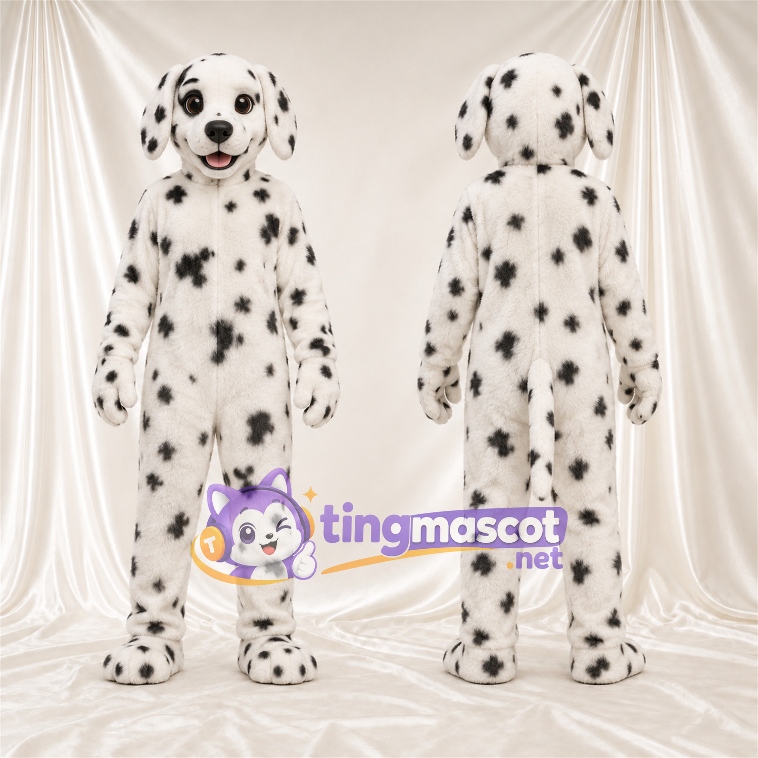 Costume de mascotte Dalmatien – noir / blanc – Bouche ouverte; Taches (noir) Costume de mascotte Dalmatien – noir / blanc – Bouche ouverte; Taches (noir)