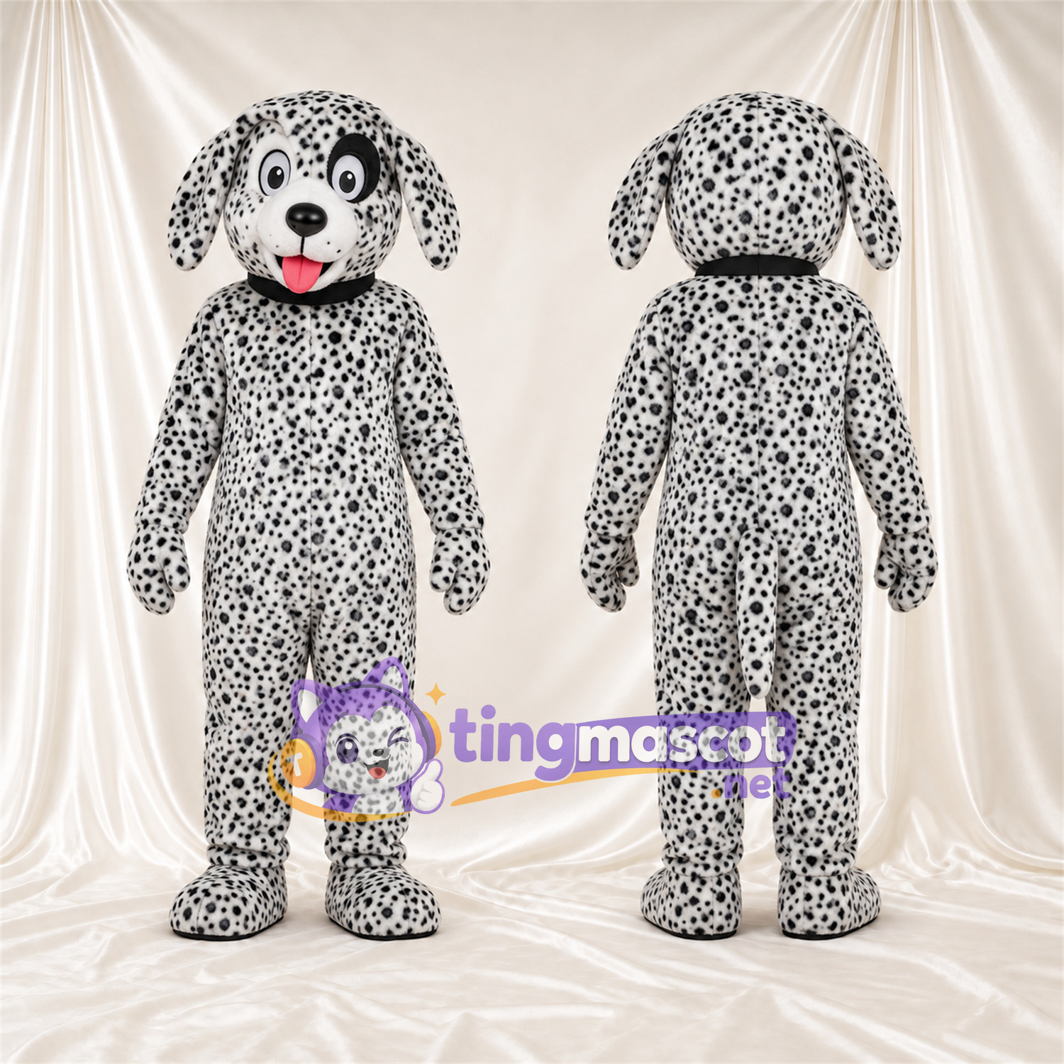 Black and White Dalmatian Mascot Costume - Black Collar and Dense Small Spots Black and White Dalmatian Mascot Costume - Black Collar and Dense Small Spots